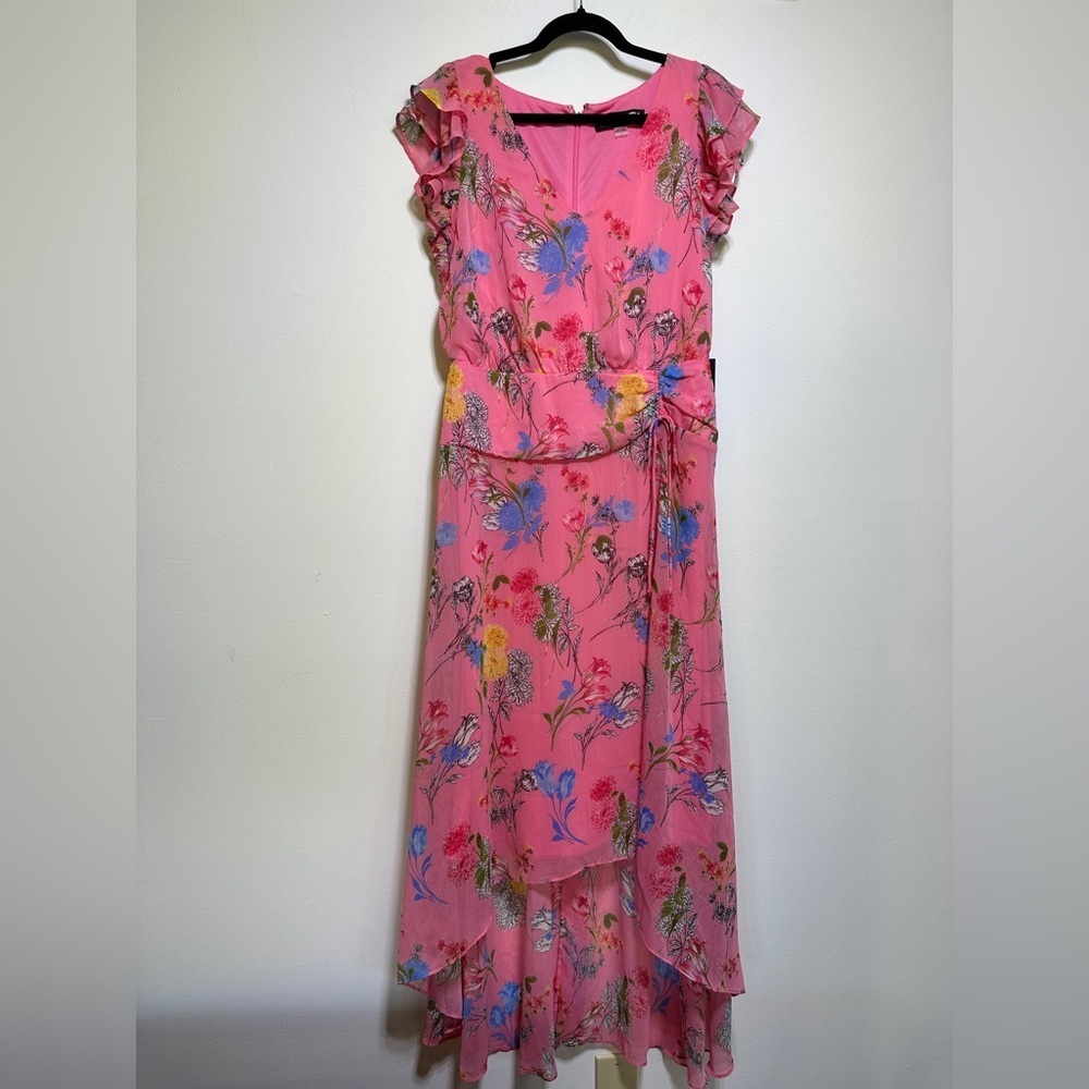 Karl Lagerfeld Pink Floral Midi Dress High Low Hem Wedding Guest Garden Party 10